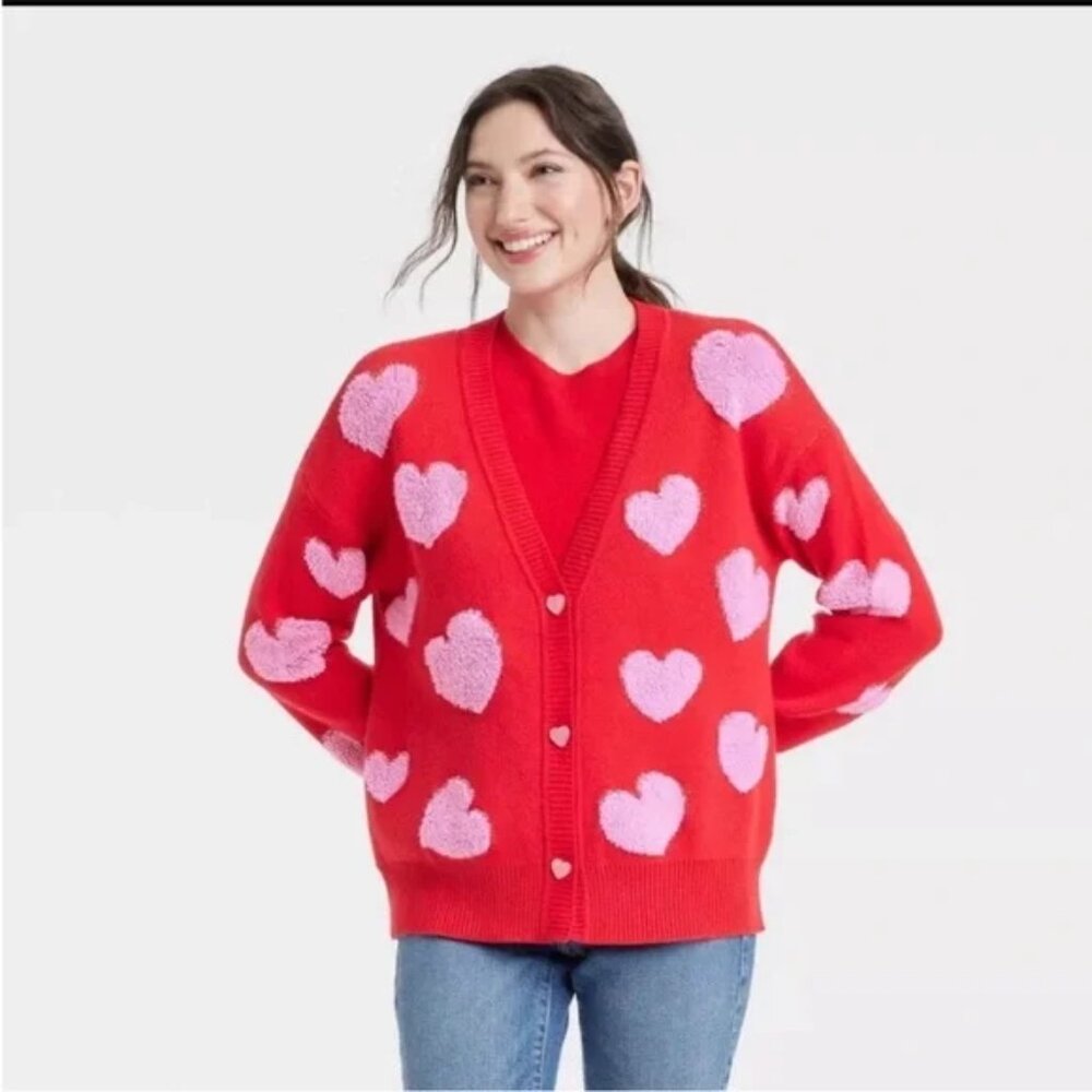 33 Degrees Pink Fuzzy Heart Red Cardigan with Sparkle Pink Heart Buttons, Medium